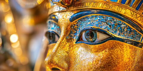 Obraz premium Close up of the golden mask and eyes of an ancient Egyptian pharaoh, generative AI