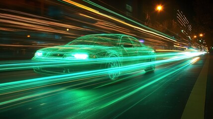 Fototapeta premium dynamic car image capturing motion with vibrant green light streak 