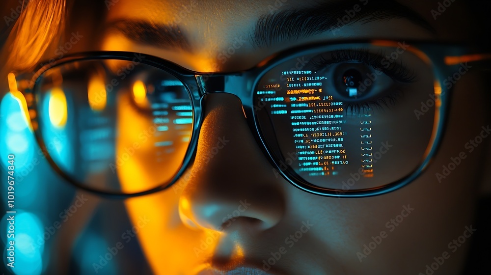 Poster Software coding hologram and woman in data analytics information technology and gdpr overlay Programmer or IT person in glasses reading script programming and cybersecurity research on : Generative AI