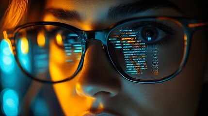 Software coding hologram and woman in data analytics information technology and gdpr overlay Programmer or IT person in glasses reading script programming and cybersecurity research on : Generative AI