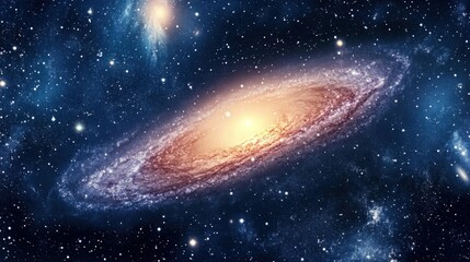 Fototapeta premium A spiral galaxy with a bright center, surrounded by stars and dust in a dark blue space.