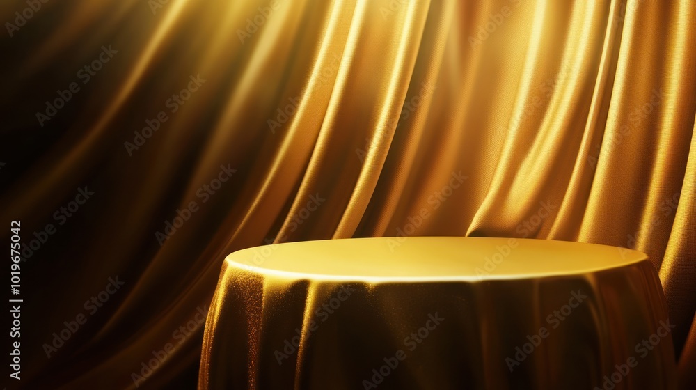 Poster a golden table draped with fabric, creating an elegant and dramatic presentation backdrop.