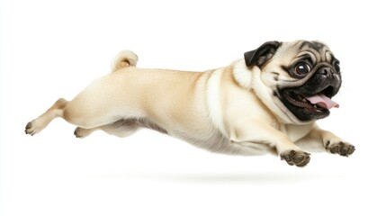 Obraz premium A playful pug dog leaping joyfully in mid-air against a white background.