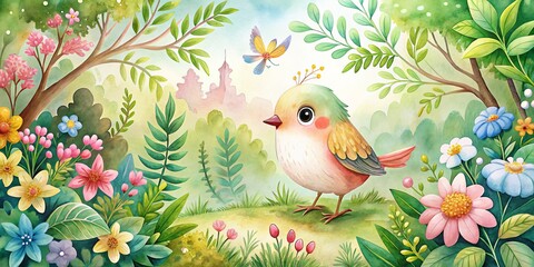 Cute Forest Bird Character Design for Kids - Adorable Baby Bird Clipart in Watercolor Style