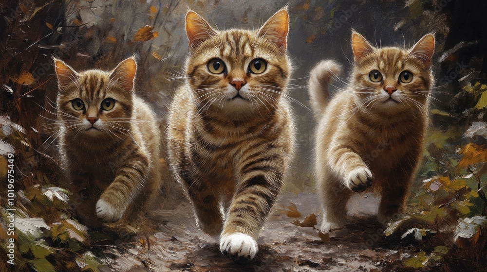 Poster three playful tabby kittens running through a forest path.