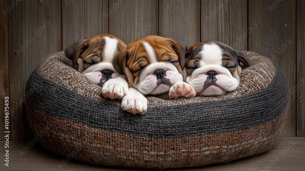 Poster Three sleeping puppies nestled together in a cozy bed, showcasing their adorable features.