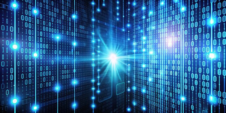 Abstract digital background with glowing lines and binary code, representing the flow of data and information in the digital world.