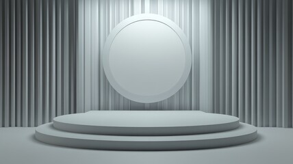 Fototapeta premium Minimalist White Stage with Circular Frame and Striped Backdrop