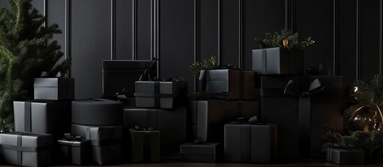 Black Christmas Presents Against Dark Wood Background