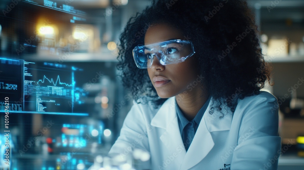 Poster a scientist in a lab, focused on digital data and research.
