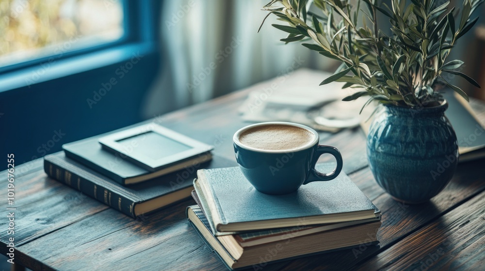 Sticker A cozy scene featuring a coffee cup atop stacked books with a plant in a vase.