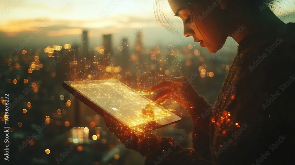Poster Digital marketing data exchange global business Businessman using digital tablet computer double exposure with smart city online marketing data transfer global internet network technol : Generative AI