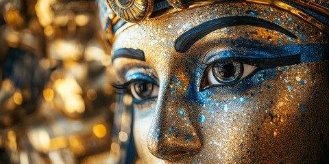 Obraz premium Close up of the golden mask and eyes of an ancient Egyptian pharaoh, generative AI