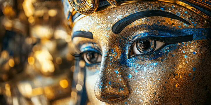 Close up of the golden mask and eyes of an ancient Egyptian pharaoh, generative AI