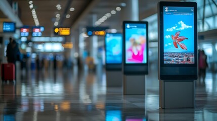 Three touch display kiosks in a row at  airport : Generative AI