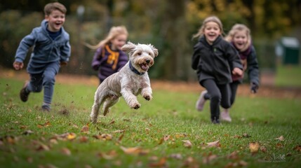 Obraz premium A joyful dog runs through a park while children play and chase it happily.
