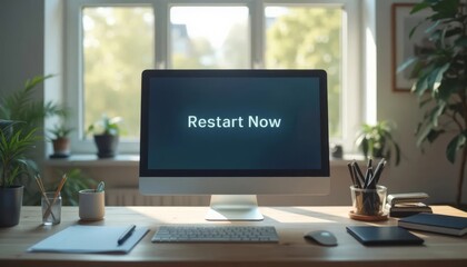 Home Office Computer Desk with a Restart Now Screen