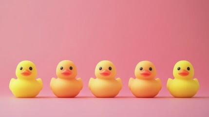 Fototapeta premium Five Cheerful Rubber Ducks Lined up Against a Vibrant Pink Backdrop, Evoking a Playful and Whimsical Atmosphere