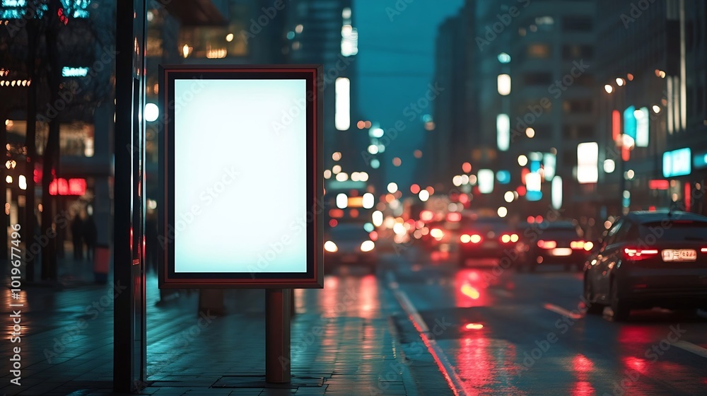 Poster White bus stop billboard poster in a station with cars in moving in the background Front view mockup concept blank poster city traffic : Generative AI