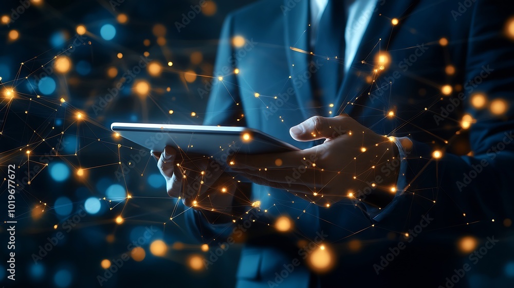 Poster Global internet network connection global business internet of thing concept Business man using digital tablet social networking digital marketing internet technology futuristic tech b : Generative AI