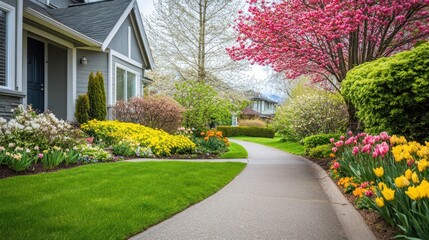 Naklejka premium A picturesque residential pathway lined with vibrant flowers and greenery.