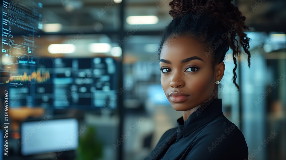 Fototapete black woman working in office and communication network concept ict information communication techno