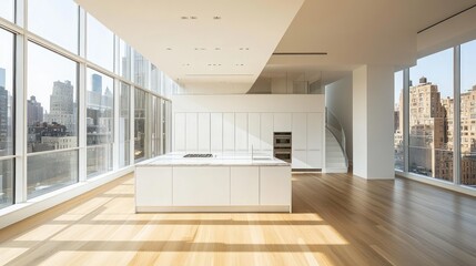 Fototapeta premium Modern kitchen with large windows offering city views and minimalist design.