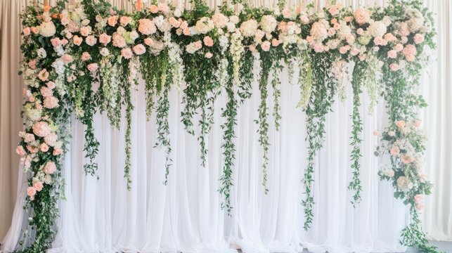 A floral backdrop featuring roses and greenery for events like weddings or celebrations.