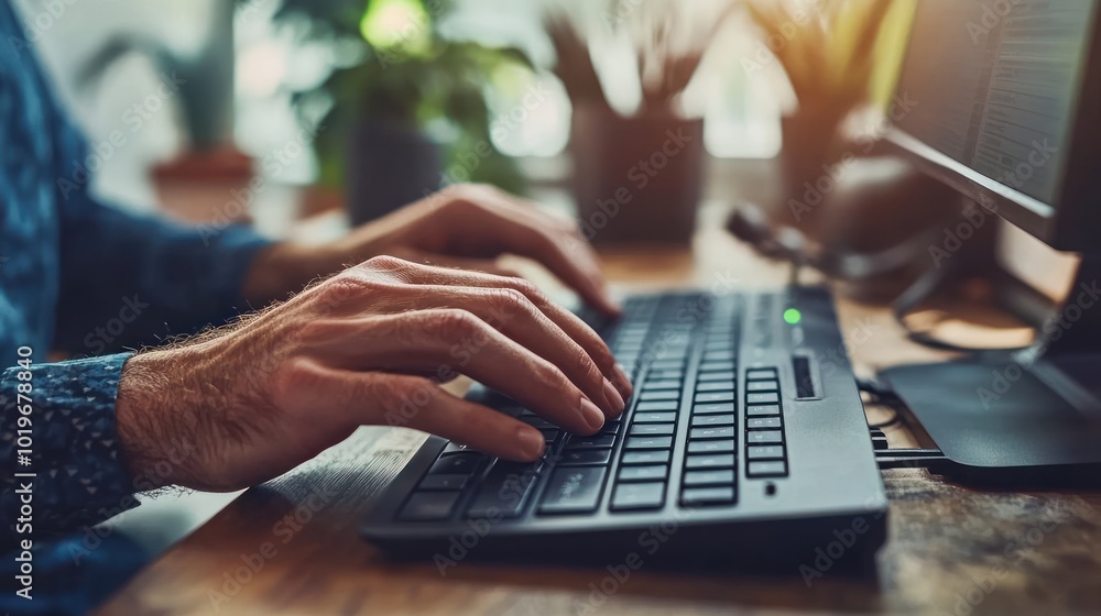 Poster a person typing on a keyboard at a desk surrounded by plants and a computer monitor.