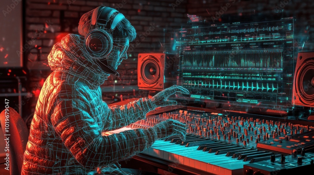 Aufkleber a digital musician creates music using a keyboard in a high-tech studio setting.