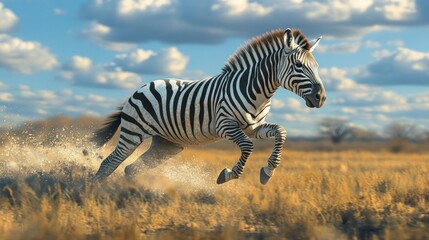 A zebra gallops through a dry savanna, kicking up dust with its hooves. The sun shines brightly on the zebra's black and white stripes.