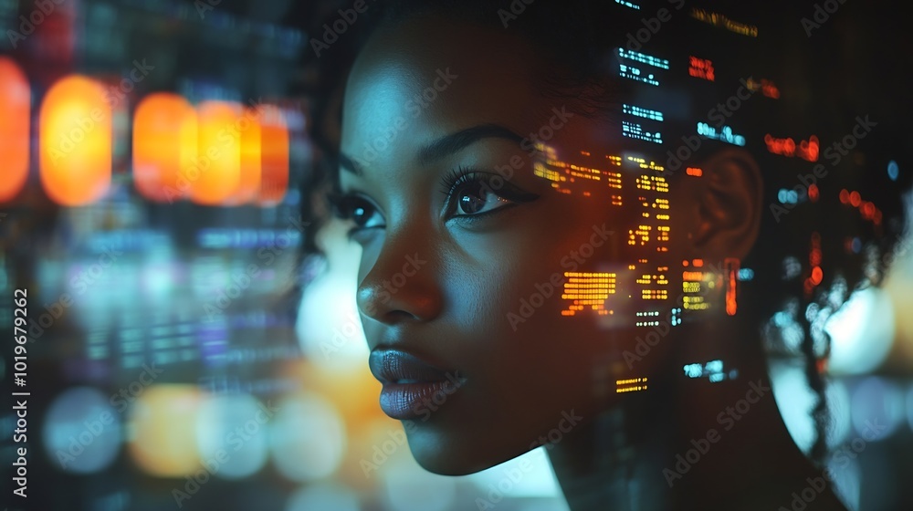 Poster Computer data hologram hud or woman review finance chart stock market database or futuristic night overlay Forex investment dashboard web ecommerce or African trader trading NFT or bit : Generative AI
