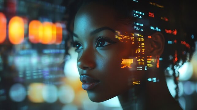 Computer data hologram hud or woman review finance chart stock market database or futuristic night overlay Forex investment dashboard web ecommerce or African trader trading NFT or bit : Generative AI