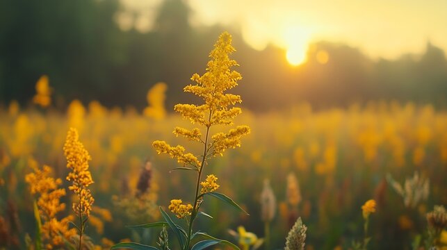 View of Solidago altissima the Canada goldenrod or late goldenrod flowers on the meadow in summer Blurred background Selective focus State flower of the US states of Kentucky and Nebra : Generative AI