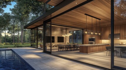 Obraz premium Modern glass-walled house with a kitchen and dining area overlooking a serene outdoor space.