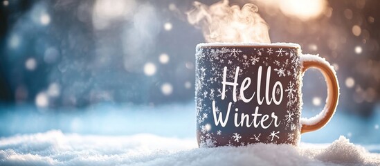Mug of Hot Beverage with Hello Winter Inscription, Snowy Background