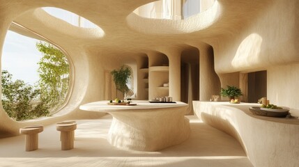 Fototapeta premium Modern kitchen interior with organic shapes and natural light.