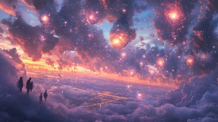 Obraz premium Shoppers of pure light shifting with every breeze, browsing a sky market filled with bottles of glowing, contained dreams. Light beings, Fantasy market in the clouds