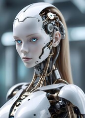 A young female cyborg ,  mechanical elements.  appears to be a futuristic or science fiction character