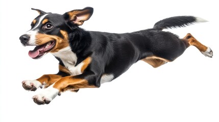 A joyful dog leaping in mid-air, showcasing energy and playfulness.