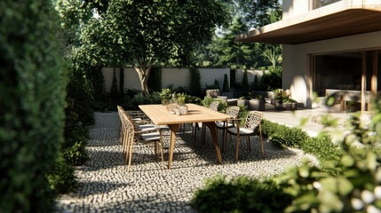 A serene outdoor dining area featuring a wooden table and chairs surrounded by greenery.
