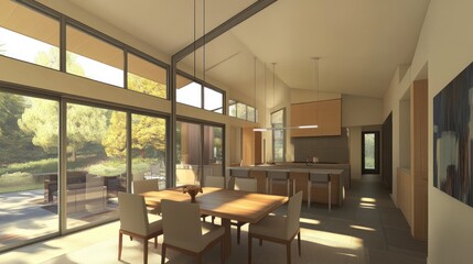 Modern interior design featuring a spacious kitchen and dining area with large windows.