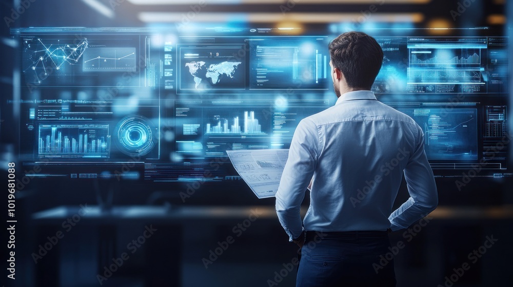 Aufkleber a person analyzes digital data on multiple screens in a high-tech environment.