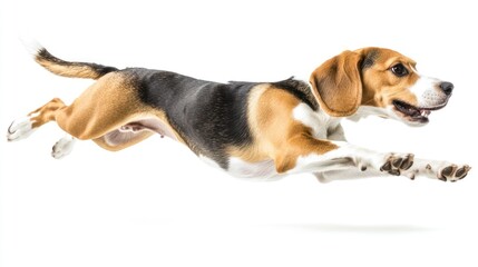 A beagle dog leaping gracefully in mid-air against a white background.