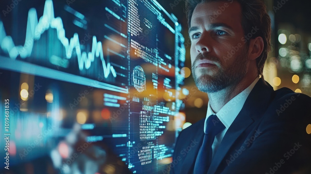 Poster a businessman analyzes data on a digital interface in a modern setting.