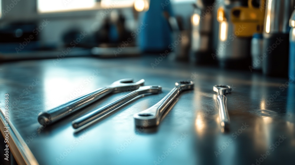 Poster a close-up of metallic wrenches on a workshop table, showcasing tools for mechanical tasks.
