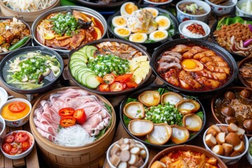 A variety of Korean dishes with meats, vegetables, eggs, and soups, arranged on a large table for sharing

