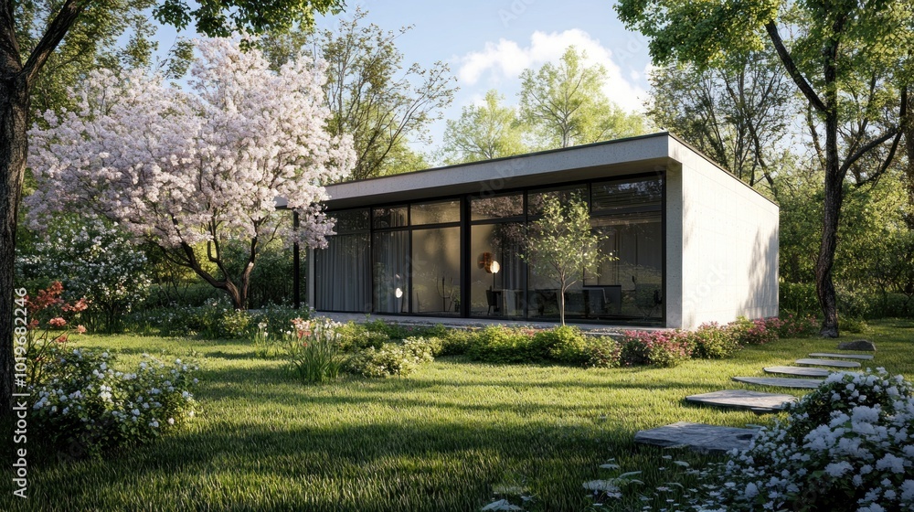 Canvas Prints A modern house surrounded by greenery and blooming flowers in a serene landscape.