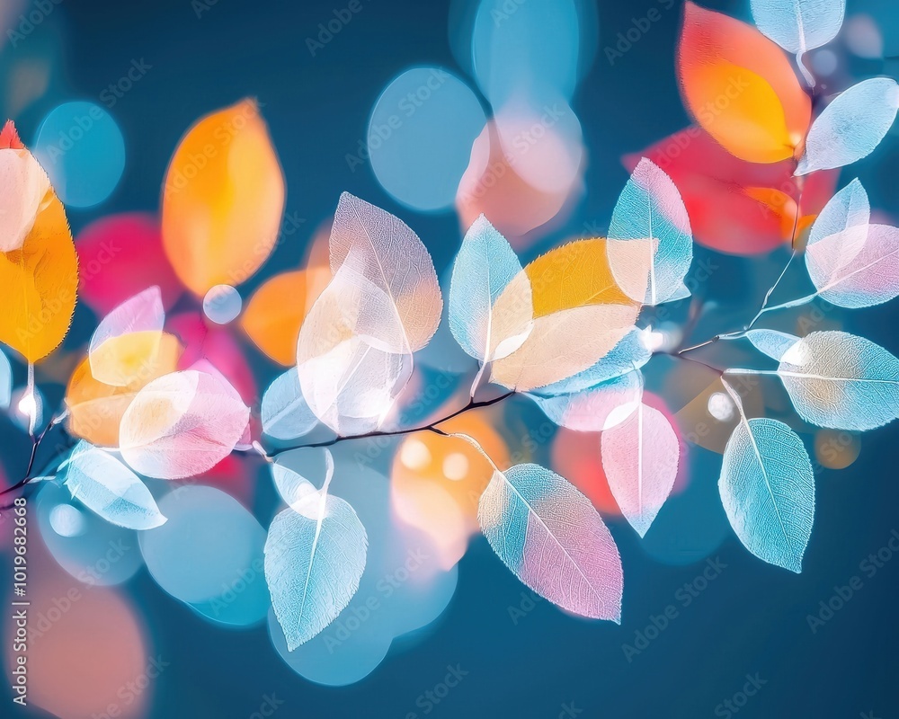 Poster captivating image of delicate leaves intertwined with a colorful bokeh background. the soft focus cr