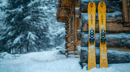 Yellow Skis Leaning Against a Log Cabin in Winter Illustration